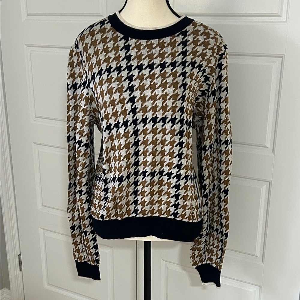 EUC Who What Wear Women’s Houndstooth Sweater Black White Brown Sz XL Old Money